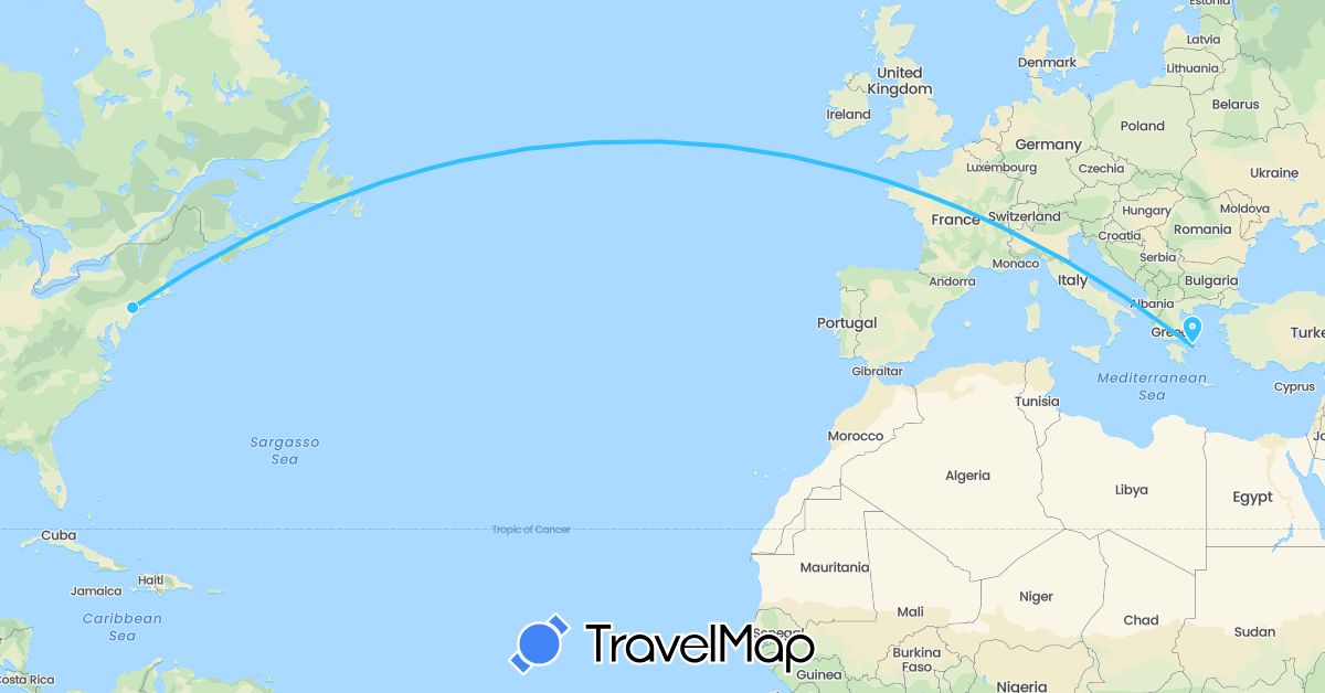 TravelMap itinerary: driving, boat in Greece, United States (Europe, North America)